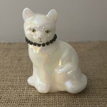 Signed Fenton Iridescent White Cat Glass Figurine w RED Rhinestone Collar - £16.48 GBP