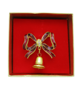 PENDANT BROOCH NEW Vintage Christmas Signed VAN DELL Red Enamel Bow Bell - €14,48 EUR