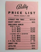 Bally Operator Price List Arcade Game Bingo Pinball Jan 4 1960 Beauty Contest - £12.26 GBP