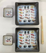 Set- 2 Sushi / Sashimi Plates &amp; 2 bowls with Sushi names and images. 1 chopstick - £15.98 GBP