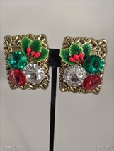 Vintage Kitchy Christmas Red Green Clear Rhinestone Goldtone Clip Earrings - £13.98 GBP