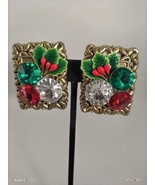 Vintage Kitchy Christmas Red Green Clear Rhinestone Goldtone Clip Earrings - £13.93 GBP