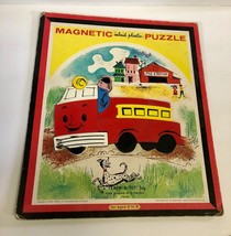 Vintage TEACH A TOT Toy FIRE TRUCK Puzzle Plastic Metal Tray 13 Piece Ma... - $12.12