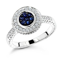 925 Argent Sterling Simulé Saphir Bleu &amp; Diamant Bague de Fiançailles - £75.10 GBP