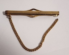 Vintage Anson Gold Tone Tie Bar Clip Clasp Stay Long Skinny Bar w/ Chain - $5.31