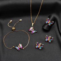 Exquisite IP Gold Stainless Steel Mystic Colorful Butterfly Jewelry Set - £12.78 GBP+