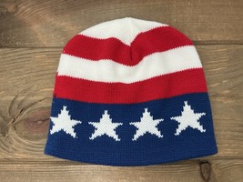 Vtg Schuessler Knitting Mills Winter Hat/Beanie Red White Blue Stars Str... - $19.75