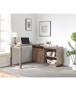 Hazelnut L-Shaped Home Office Desk with Barn Door Credenza Storage - $5,700.75 MXN