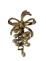 Vintage Faux Pearl Dangle Brooch Gold Tone Bow Ribbon Drop Pin 2” - $19.80