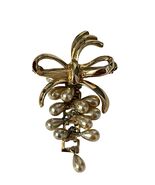 Vintage Faux Pearl Dangle Brooch Gold Tone Bow Ribbon Drop Pin 2” - $19.80