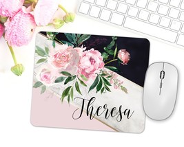 Pink Floral Mouse Pad, Personalized Gift For Coworker, Watercolor Floral, Office - £11.78 GBP