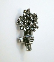 Hand Holding Out Flowers Pin Silver Tone Metal Small Size 3/4&quot; H x 7/16&quot; W - £11.18 GBP