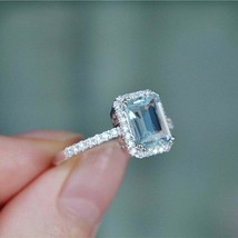 3Ct Simulated Aquamarine Diamond  Engagement Ring 14K White Gold Plated Silver - £79.53 GBP
