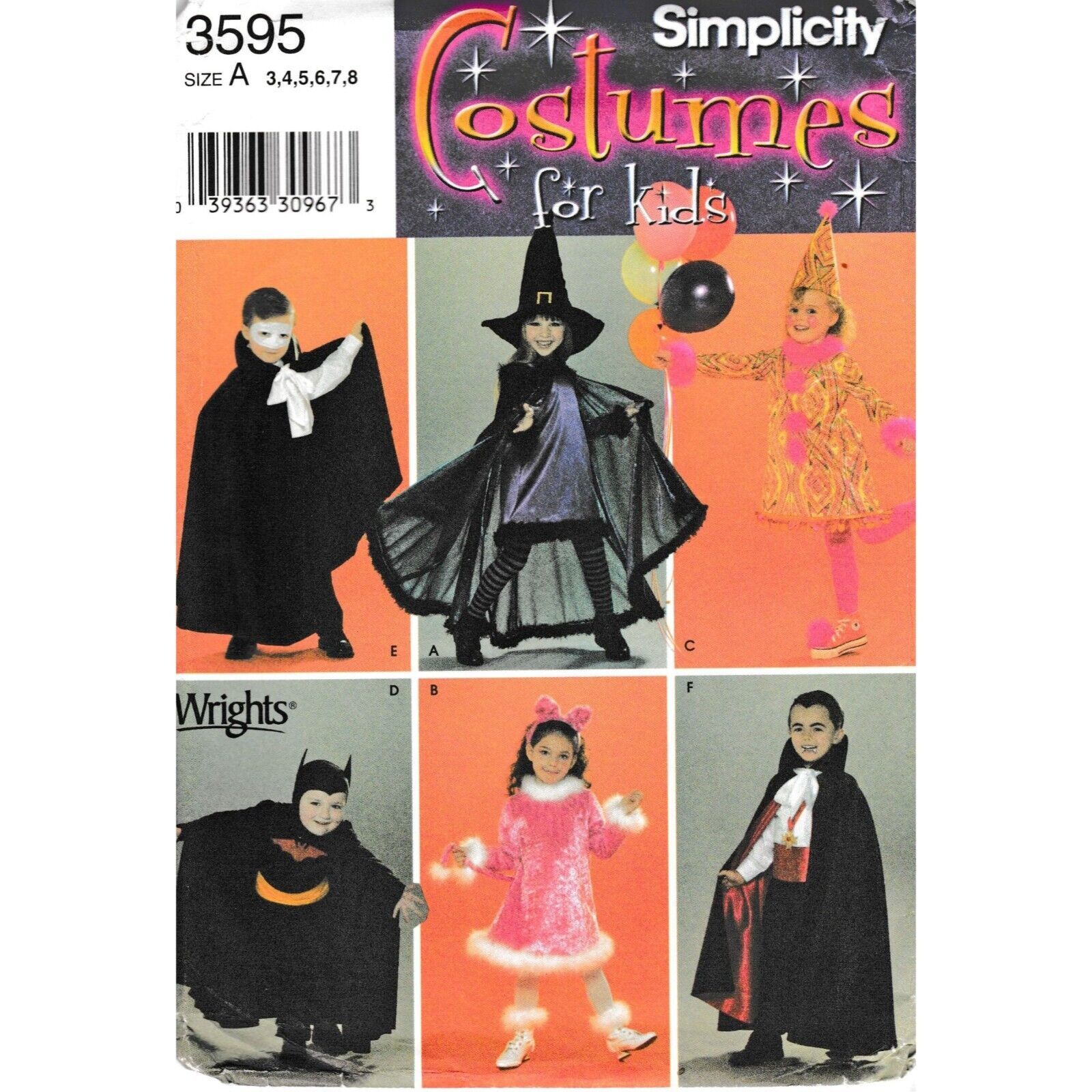 UNCUT Sewing PATTERN Simplicity 3595, Childs Halloween Costumes, 2007
