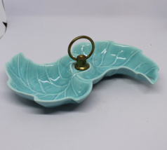 Vtg MCM Candy Nuts Trinket Dish California Pottery Double Leaf Brass Handle - £15.53 GBP