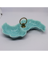Vtg MCM Candy Nuts Trinket Dish California Pottery Double Leaf Brass Handle - £15.49 GBP