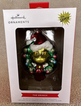 Hallmark Grinch Wreath Santa Hat Blown Glass Christmas Ornament New Dr. Seuss - £15.79 GBP