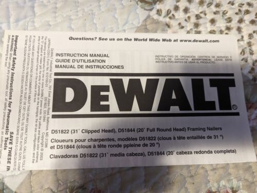 DEWALT FRAMING NAILER INSTRUCTION MANUAL / D51822 / D51844  - $4.94