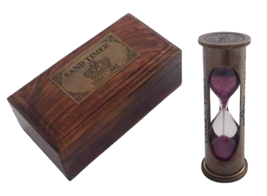 3.5&quot; Antique Brown Brass Red Sand Timer/Hourglass in Wood Box | Maritime Gift - £22.75 GBP