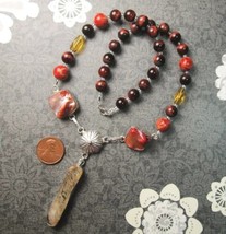 Art Glass Pendant &amp; Genuine RED TIGEREYE&#39;s &amp; Coral Stones 17&quot; Length Necklace - £29.59 GBP