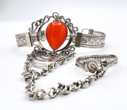 Silver Tone Orange Cat’s Eye BOHO Harem Bracelet Connected Chain Ring - £12.51 GBP