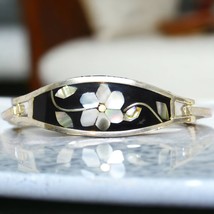 Vintage Alpaca Bracelet Floral Design Abalone MOP Chips Small Wrist Silver Tone - £11.86 GBP
