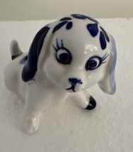 Miniature Blue &amp; White Ceramic China Dog Figurine Puppy Happy Eye Lash Ink Tiny - £7.85 GBP