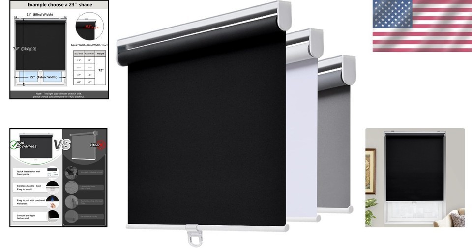 Black 23" W x 72" H Cordless Roller Blinds - Ideal for Home & Office Item image 2