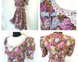 Cottagecore Dress Pink Bib Crochet size M 13 1980s Vintage Blue Floral DS15 - $27.95