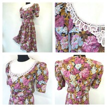 Cottagecore Dress Pink Bib Crochet size M 13 1980s Vintage Blue Floral DS15 - £22.02 GBP