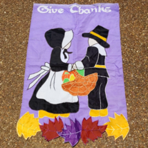 Embroidered Give Thanks Thanksgiving Flag Double Side 28x40 Purple Pilgrim  - £11.29 GBP