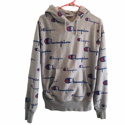 Primary image for CHAMPION Reverse Weave Hoodie Mens M Sweatshirt All Over Print AOP Sweater Gray