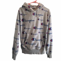 CHAMPION Reverse Weave Hoodie Mens M Sweatshirt All Over Print AOP Sweater Gray - £30.01 GBP