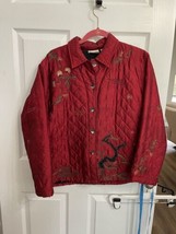Chico’s Design Red 100% Silk Embroidered Asian Look Button Jacket Sz 2 (... - £14.69 GBP