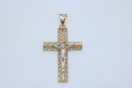 Fine 14K Two Tone Gold Cage Design Jesus on Cross Crucifix Charm Pendant - £102.21 GBP