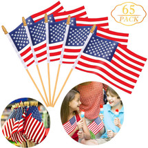 Augshy 65 Pack Wooden Stick American Flags Hand Held 4&quot; x 6&quot; Mini US Fla... - $51.99