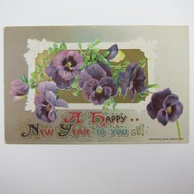 Postcard New Year&#39;s Purple Violets Flowers Winsch Gold Embossed Antique 1910 - £11.95 GBP