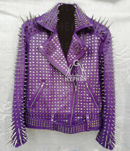 New Mens Punk Purple Full Silver Long Spiked Studded Brando Biker Leather Jacket - £367.69 GBP+