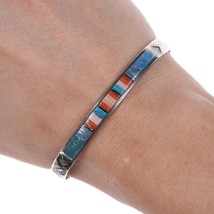 6 5/8&quot; Vintage Zuni Silver Channel inlay cuff bracelet with stamped design - £74.76 GBP