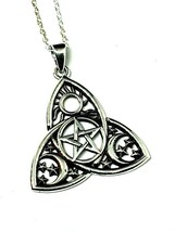 Moon Star Pentacle Pendant Celestial Triquetra 925 Silver 18&quot; Chain &amp; Boxed Uk - £29.38 GBP