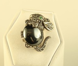 Vintage Sterling Silver Mice Mouse Marcasite &amp; Hematite Green Gemstone Brooch - £37.87 GBP