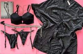 Victoria&#39;s Secret 34DD Bra Set+Garter+Thongs+Robe Shine Strap Crystallized Black - £156.44 GBP