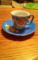 VTG Occupied Japan Demitasse Cup &amp; Saucer Set Hand Painted Floral Blue - £11.81 GBP
