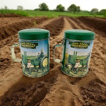 John Deere Tin Salt &amp; Pepper Shakers Vtg Metal Farm Field Scene Tractor - $9.00