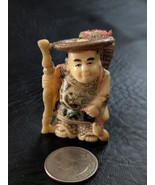 Standing Man Cane Basket Casa Hat Netsuke Japanese Painted Carved Resin - $111.13 CAD