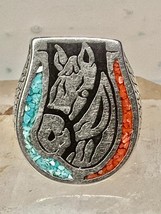 Vintage Horse ring biker turquoise coral chips size 6.5 silver plate wom... - $1,610.38 MXN