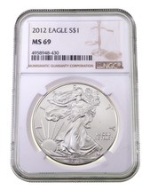 2012 S$1 Silver American Eagle Graded by NGC as MS-69 - £39.47 GBP