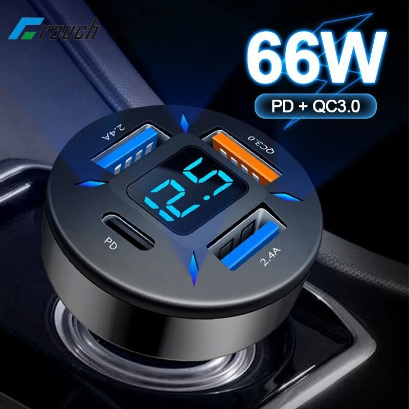 66w 4-port usb car charger - fast charging pd, qc 3.0, usb-c for iphone, xiaomi,