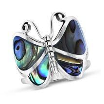 Captivating Butterfly Motif Rainbow Abalone Statement Sterling Silver Ring-6 - £18.98 GBP