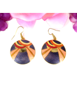 BIG BLUE ROUND Vintage Cloisonne PIERCED EARRINGS Enamels Wires Goldtone... - $17.81